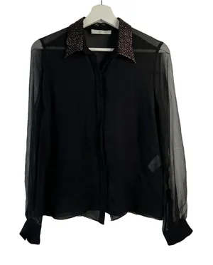 Chloé Size S 4 Blouse Black Semi Sheer Button Up Metallic Copper Sequin‎ Collar thumbnail 1