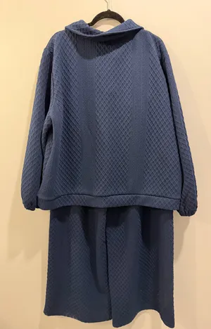 Oddy Textured Quarter Zip Pullover and Wide Leg Pants Matching Loungewear Set Navy / Midnight Blue thumbnail 3