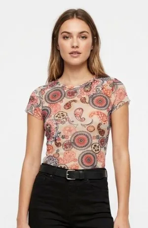 Sweet Pea Tan Black Orange Print Short Sleeve Nylon Tee T Shirt Top L thumbnail 1