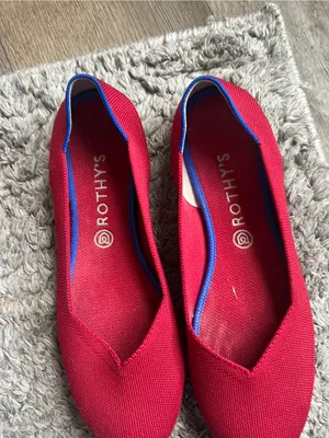 Rothy's Red Knit Pointed Ballet Flats with Blue Trim thumbnail 3