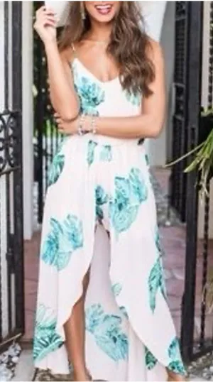 Pink Lily Boutique Pink & Green Palm Maxi Romper with Train Size L (19” PTP) thumbnail 1