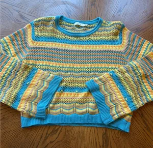 LUSH Blue Yellow Multi Crochet Knit Bell Sleeve Sweater Top Size M‎ thumbnail 1