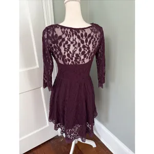 Free People‎ Floral Mesh Lace Dress Cranberry Burgundy Lined 3/4 Sleeve Small thumbnail 3