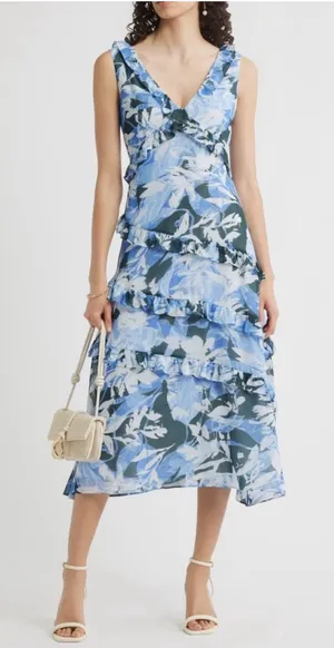 NWT Chelsea28 Blue Floral Tiered Ruffle Chiffon Midi Dress Size Small thumbnail 1