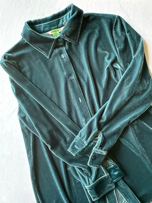 Soft Surroundings Teal Velvet Long Sleeve Button Down Tunic PETITE thumbnail 1