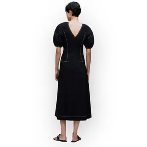 Madewell Jinni Puff-Sleeve Midi Dress Women's 0 Black Drop-Waist V-Back NWT thumbnail 2