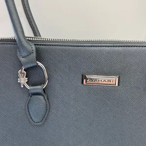 Tahari blue‎ gray silver hardware metallic deep pocket shoulder tote purse bag thumbnail 2