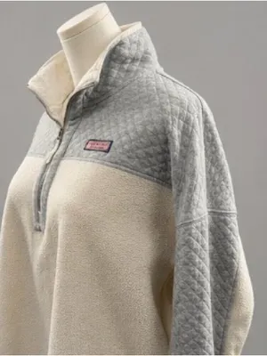 Vineyard Vines Sherpa Fleece Quilted Quarter Zip Pullover Cream Gray Size Large thumbnail 2