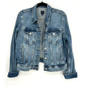 J. Crew Denim Jacket Medium Blue Wash Medium Stretch Trucker Coat Fall EUC thumbnail 1
