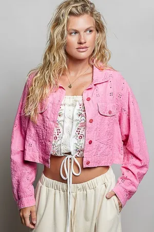 POL Eyelet Textured Cotton‎ Cropped Button-Front Jacket - Candy Pink - Large thumbnail 1