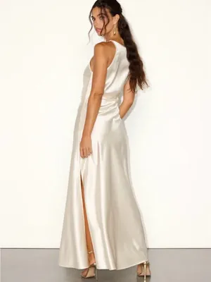 Lulu's Satin Halter Maxi Dress in Ivory Cream thumbnail 4