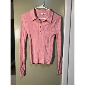 Gap Womens Size Small Ribbed Polo T-Shirt Henley Pink Heather Long Sleeve Ribbed thumbnail 4