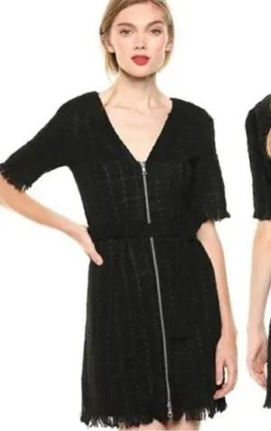 ✨ Bardot Boucle Tweed Zip Front Frayed Hem Dress‎ Medium 8 Black thumbnail 1