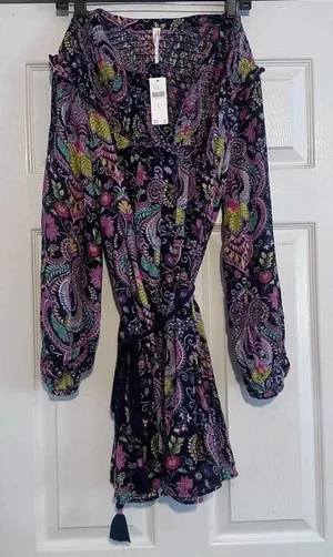 NWT Anthropologie Mini Dress Paisley Vibrant Boho Smocked Collar‎ Med thumbnail 1