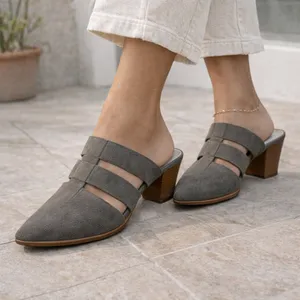 Dolce Vita Dark Grey Suede Pointed-Toe Fisherman Cage Slip-On Block Heel Mules thumbnail 1