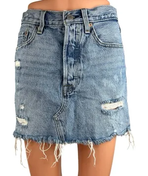 Levi's Blue Light Wash Distressed Cut Off High Waisted Denim Jean Skirt Size 25 thumbnail 1