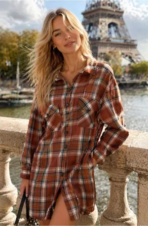 Brown Plaid Button Up Shacket Dress Oversized Cozy Fall Flannel Parisian Country thumbnail 1
