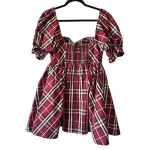 Anthropologie Maeve Burgundy Tartan Plaid Puff Sleeve Mini Dress Women’s Small thumbnail 2