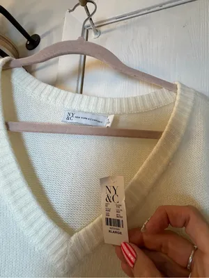 New York & Company Cream V-Neck Cable-Sleeve Sweater Dress thumbnail 2