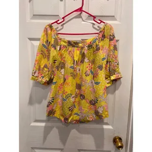 LOFT‎ Womens Yellow Floral Linen Blend Square Neck Puff Sleeve Blouse L Tropical thumbnail 5