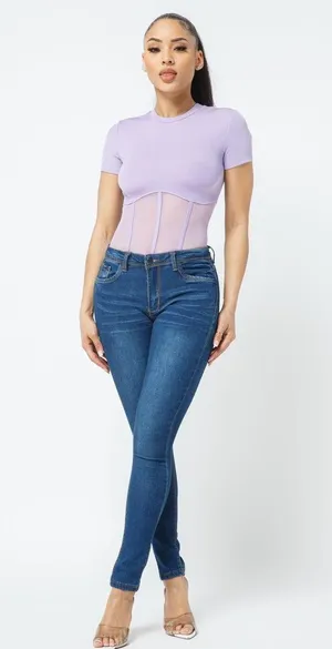 “Corset” Style Rib Mesh Bodysuit Purple Size XL thumbnail 3