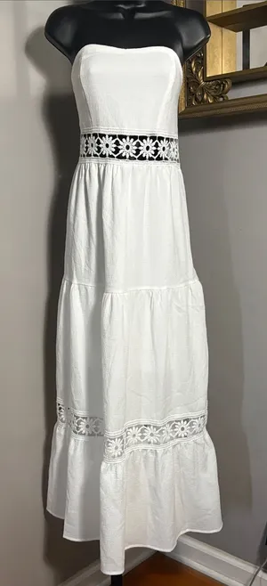 SheIn Large Breezaya Guipure Lace Insert Ruffle Hem Tube Dress White Maxi thumbnail 1