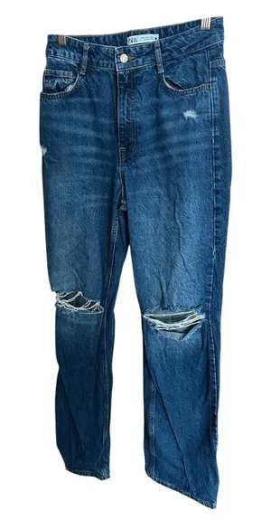 Zara Distressed Boyfriend Jeans Blue Ripped Straight Leg Denim thumbnail 1