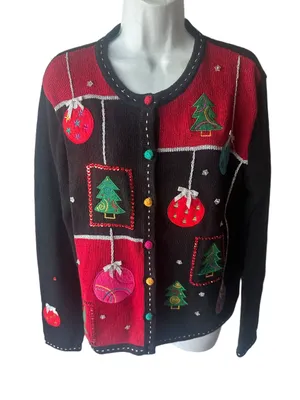 Vintage Karen Scott Holiday Cardigan Black Red Embroidered Ornaments M thumbnail 1