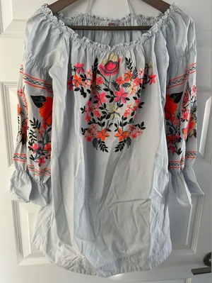Free People Embroidered Off Shoulder Mini Dress Blue Orange Size S thumbnail 1