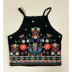 Kendall & Kylie Black Boho Bohemian Floral Print Square-Neck Halter Crop Top Shirt Blouse Tee Size XS 🌻✨ thumbnail 3