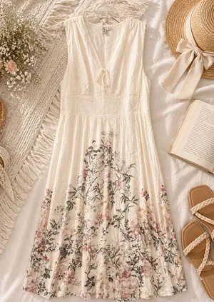 Joie Linen Blend Midi Dress L Ivory Floral Coastal Resort Summer Linen Blend‎ thumbnail 1