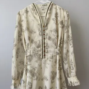 Simple Retro Prairie Dainty Toile Lace Trim Long Sleeve Midi Dress XL Cream thumbnail 2