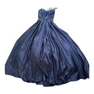 Blondie nite Navy Blue Satin Ball Gown Beaded Lace Waist Formal Evening Dress thumbnail 2