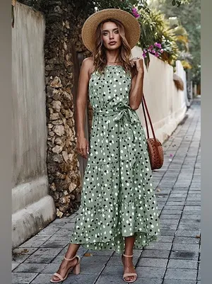 Miss Sparkling Sage Green Polka Dot Tiered Maxi Dress Belted Adjustable Strap thumbnail 2