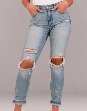 ABERCROMBIE- High Rise Mom Jean Distressed Denim Stretch Denim All Day Comfort thumbnail 1