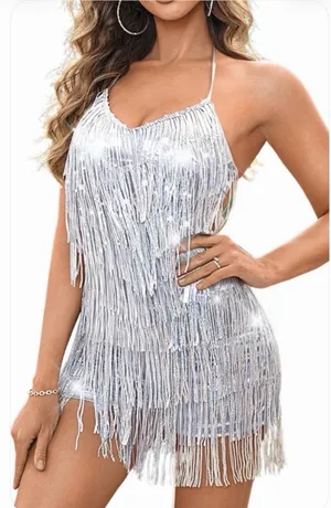 Kaei&Shi Sequin Fringe Romper Metallic Silver Women L New thumbnail 1