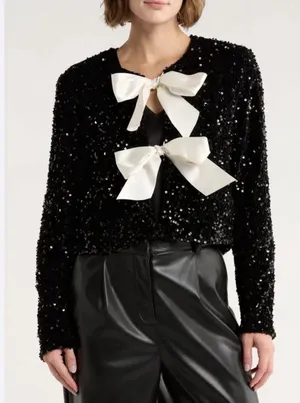 Sequin Bow Jacket Womens Medium Black Cropped Tie Front Evening Party thumbnail 1