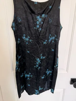 Vintage 90s Black Satin Sleeveless Mini Side Slit Dress with Blue Floral Pattern thumbnail 3