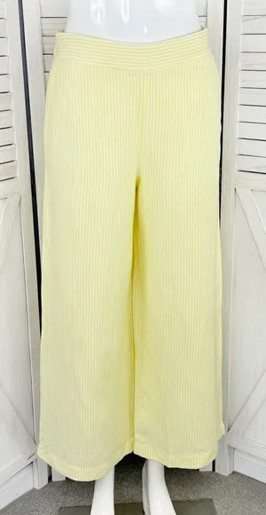 Loft Striped Linen Blend Wide Leg Crop Pants‎ Yellow White Small Lined Preppy thumbnail 1