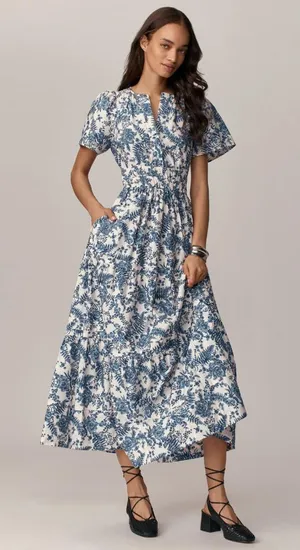 NWT Anthropologie Somerset Maxi in Ivory Blue Floral Tiered Cotton Dress L thumbnail 1