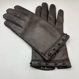 American Vintage VTG Leather Gloves Sz 7 Brown Knit Fabric‎ Lined Unbranded Braided Embellished thumbnail 1