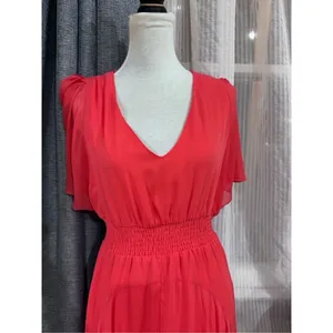 Express Womens coral Chiffon Maxi Dress V-Neck Smocked Waist Flutter Sleeve Med thumbnail 2