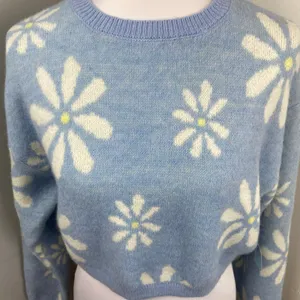 Witty Fox Blue Retro Floral Cropped Knit Sweater Large Daisy thumbnail 2