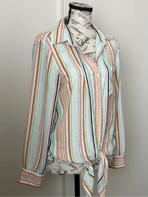 Rachel Zoe Striped Tie-Front Blouse in Mint, Peach & Cream thumbnail 2