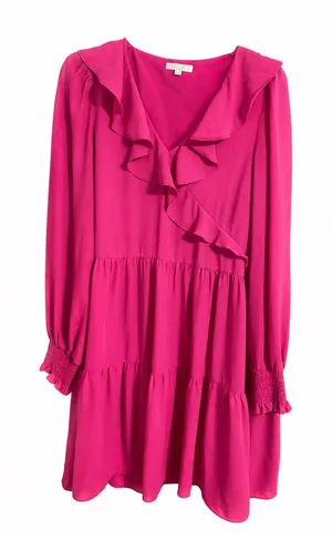 JADE by Jane Alan Pink Ruffle Tiered Long Sleeve Mini Dress Smocked Cuffs Girly thumbnail 1