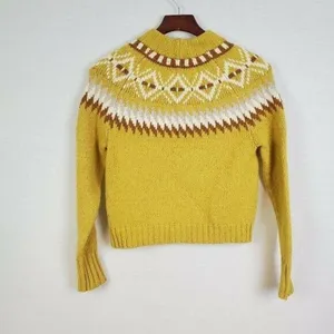 American Eagle Sweater XS Yellow Tan Fairisle Cropped Aztec High Crew Neck Soft thumbnail 8
