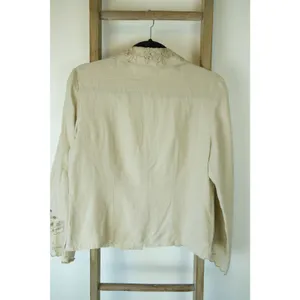 Vintage AMI 100% Linen Tan Embroidered Floral Button Up Long Sleeve Womens M thumbnail 5