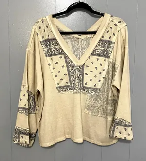 POL Cream Patchwork Bandana V-neck Oversized Multi Media Boho Western Top S thumbnail 1