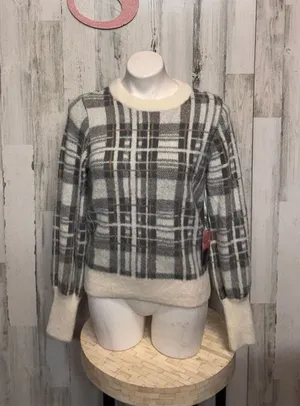 Evereve Plaid Fuzzy Knit Sweater XS Gray Cream Soft Warm Cozy thumbnail 1
