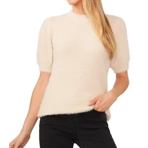CeCe Almond Colored Fuzzy Short Sleeve Sweater thumbnail 1